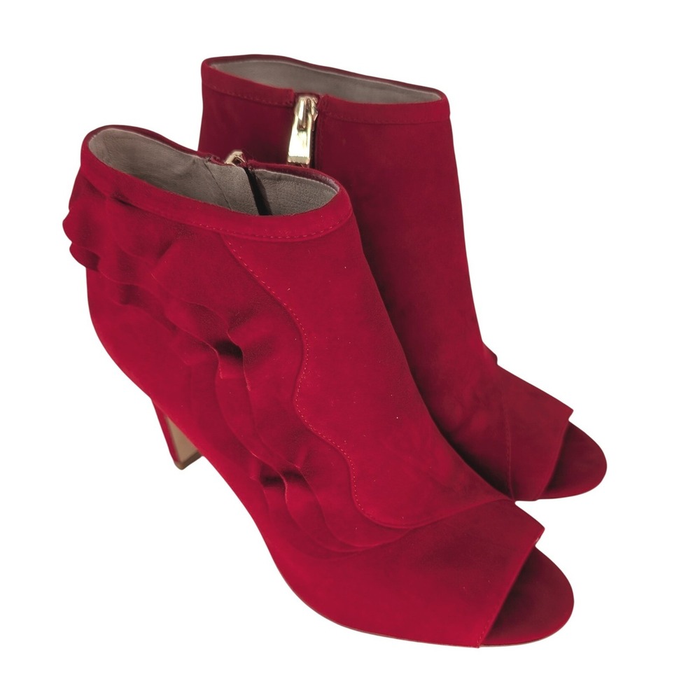 Louise et Cie LO-HAZE Booties Womens 9 Lipstick Red Suede Ruffle Peep Toe Heel